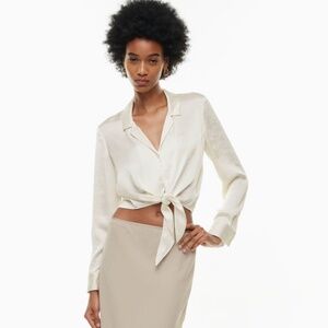 Aritzia Wilfred Tie-Front Long Sleeve Satin Blouse Light Birch Size Small